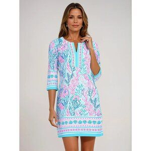 Rezobay Cotton Seashell Tropical Deep Sea Blue Pink Resortwear Shift Dress XL